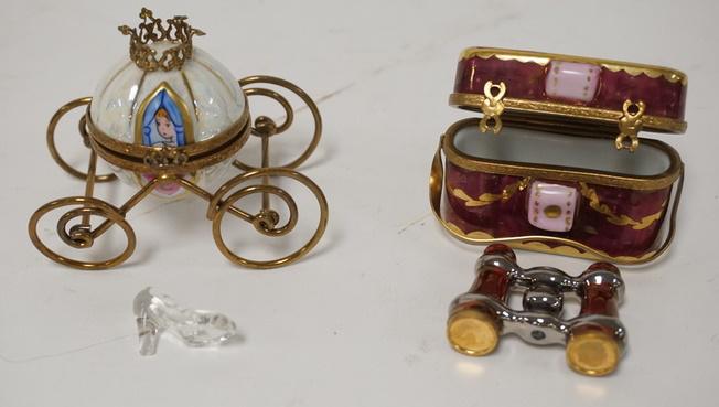2 LIMOGES BOXES WITH CONTENTS: 2 LIMOGES BOXES WITH CONTENTS, CINDERELLA'S CARRIAGE WITH *GLASS* SLIPPER AND BINOCULAR CASE WITH BINOCULARS. TALLEST IS 2 1/2 IN.