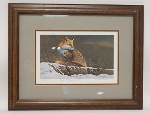 MICHAEL BUDDEN LIMITED EDITION FOX PRINT: MICHAEL BUDDEN LIMITED EDITION FOX PRINT, PENCIL SIGNED, *WATCHFUL EYES, RED FOX*, #362 OF 500, 18 1/2 IN C 14 1/2 IN INCLUDING FRAME