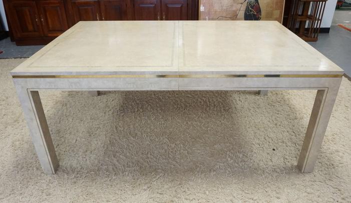 MILO BAUGHMAN DINING TABLE: MILO BAUGHMAN DINING TABLE BLEACHED BURL W/BRASS INLAY, HAS ONE 19 3/4 IN LEAF, 72 IN X 45 IN X 29 IN HIGH
