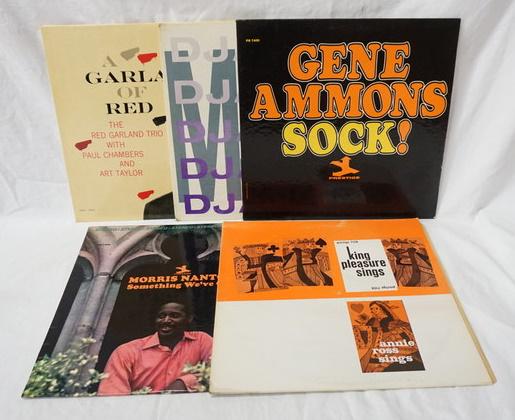 LOT OF 5 JAZZ ALBUMS ON PRESTIGE: LOT OF FIVE JAZZ ALBUMS ON PRESTIGE RECORD LABEL; DJANGO (YELLOW LABEL) A GARLAND OF RED (YELLOW LABEL) KING PLEASURE SINGS, GENE AMMONS SOCK! & MORRIS NANTON SOMETHING WE'VE GOT