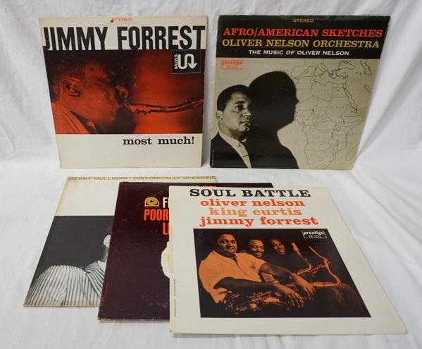 LOT OF FIVE JAZZ ALBUMS ON PRESTIGE/ STATUS: LOT OF FIVE JAZZ ALBUMS ON PRESTIGE/ STATUS RECORD LABELS; SOUL BATTLE OLIVER NELSON KING CURTIS JIMMY FORREST (YELLOW LABLE) GERRY MULLIGAN HISTORICALLY SPEAKING (YELLOW LABEL) YO HO! FRANK WEISS POO