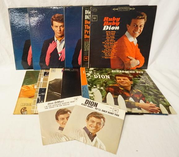 LOT OF 11 DION ALBUMS PLUS 2 45S: LOT OF 11 DION ALBUMS & TWO 45S W/ PICTURE SLEEVES. ALBUMS; ALONE WITH DION (THREE COPIES) RUBY BABY, DONNA THE PRIMA DONNA, RUNAROUND SUE, WISH UPON A STAR WITH DION & THE BELMONTS, SELF TITLED, WOND