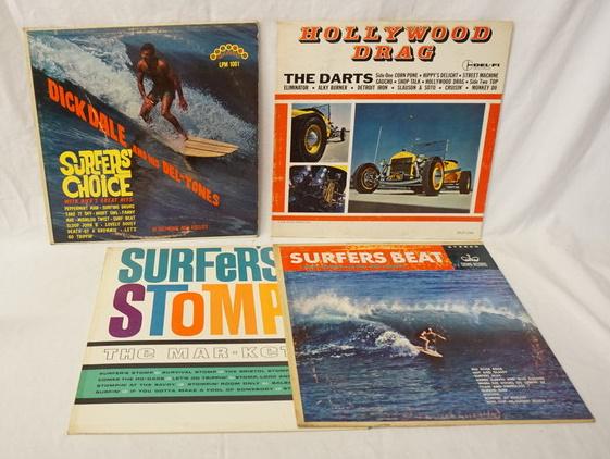 LOT OF 4 SURFER ALBUMS: LOT OF FOUR SURFER ALBUMS; HOLLYWOOD DRAG THE DARTS, DICK DALE & HIS DEL-TONES SURFERS CHOICE, SURFERS BEAT & SURFERS STOMP