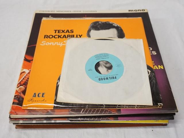 LOT OF 17 ROCKABILLY ALBUMS, 1 45 & 2 10 IN LPS: LOT OF 17 ROCKABILLY ALBUMS ONE 45 & TWO 10 IN LPS; THE 10 IN LPS ARE DUPLICATES. LOT INCLUDES; GOOD ROCKING TONIGHT, CARL PERKINS RARE & PREVIOUSLY UNISSUED TRACKS, CHERISHED MEMORIES EDDIE COCHRAN (