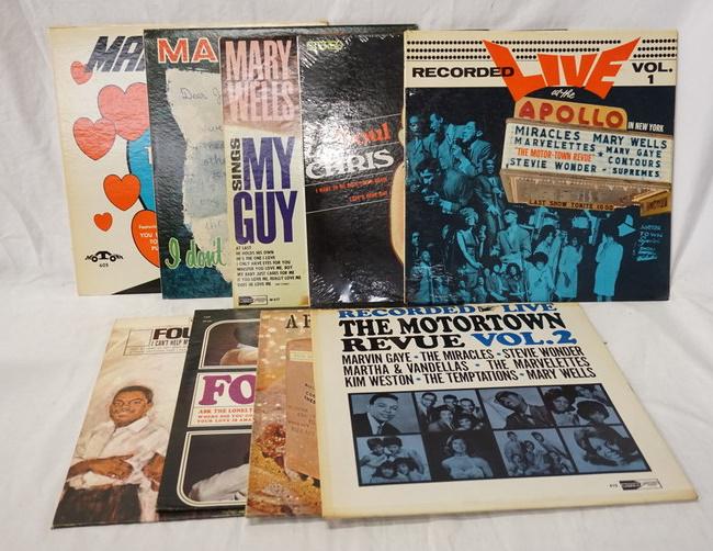 LOT OF 9 MOTOWN ALBUMS: LOT OF NINE MOTOWN ALBUMS; LIVE AT THE APOLLO VOL. 1, SOUL SOUNDS CRIS CLARK, MARY WELLS SINGS MY GUY,MARY WELLS BYE BYE BABY I DON’T WANT TO TAKE A CHANCE & THE ONE WHO REALLY LOVES YOU, RECORDED L