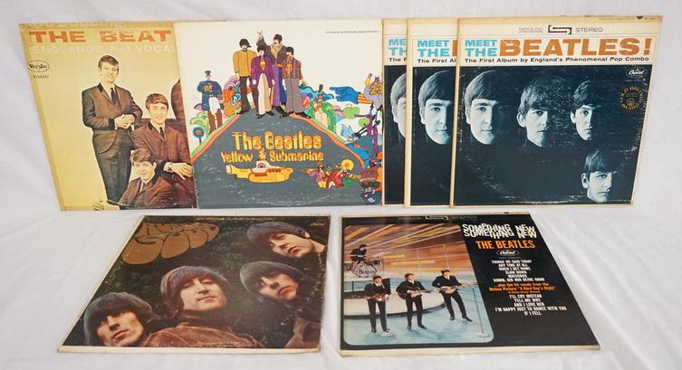 LOT OF 7 STEREO BEATLES ALBUMS: LOT OF SEVEN STEREO BEATLES ALBUMS; MEET THE BEATLES (THREE COPIES) THE BEATLES ENGLANDS NO. VOCAL GROUP, THE BEATLES YELLOW SUBARMINE, SOMETHING NEW & RUBBER SOUL