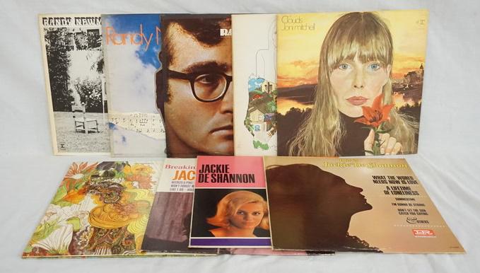 LOT OF 9 ALBUMS; JONI MITCHELL, RANDY NEWMAN, JACKIE DE: LOT OF NINE ALBUMS- JACKIE DE SHANNON; BREAKIN' IT UP ON THE BEATLES TOUR, SELF & THIS IS JACKIE DE SHANNON. JONI MITCHELL; SELF, LADIES OF THE CANYON & CLOUDS. RANDY NEWMAN; 12 SONGS & RANDY NEWMAN C