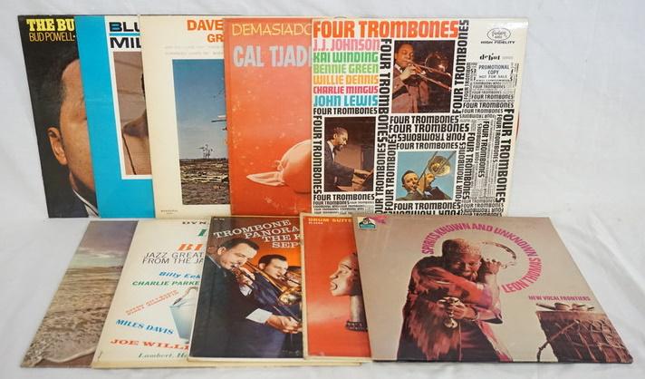 LOT OF TEN JAZZ ALBUMS: LOT OF TEN JAZZ ALBUMS; CONCERT BY THE SEA CAL TJADER QUINTET, TROMBONE PANORAMA THE KAI WINDING QUINTET, DRUM SUITE ART BLAKELY AND THE JAZZ MESSENGERS, SPIRITS KNOWN & UNKOWN LEON THOMAS, LULLABIES 