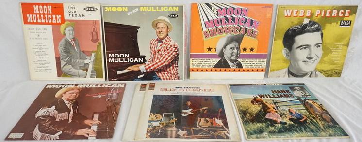LOT OF 8 COUNTRY ALBUMS: LOT OF EIGHT COUNTRY ALBUMS; WEBB PIERCE, MOON MULLICANSHOWCASE, MOON OVER MULLICAN, MOON MULLICAN THE OLD TEXAN, MOON MULLICAN SEVEN NIGHTS TO ROCK, A TRUBUTE TO HANK WILLIAMS & MR GUITAR BILLY STRAN
