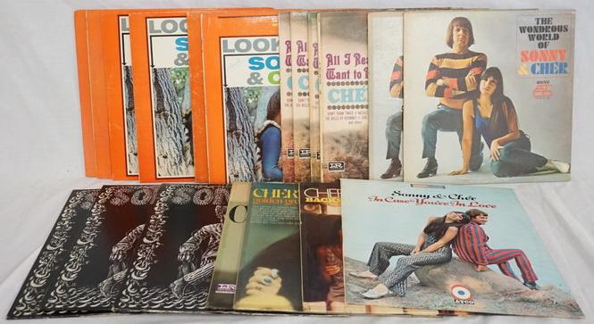 LOT OF 19 SONNY & CHER ALBUMS: LOT OF 19 SONNY & CHER ALBUMS; THE WONDERFUL WORLD OF SONNY & CHER (TWO COPIES ONE MONO ONE IS STEREO) IN CASE YOU'RE IN LOVE, CHER BACK STAGE, CHER'S GOLDON HITS, THE SONNY SIDE OF CHER, LOOK AT US (