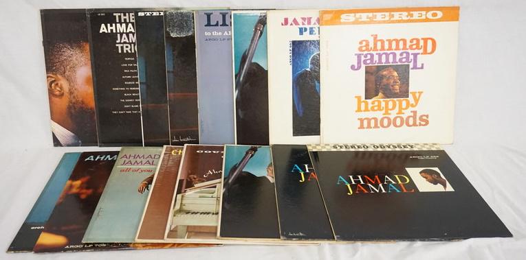 LOT OF 16 AHMAD JAMAL ALBUMS: LOT OF 16 AHMAD JAMAL ALBUMS; ALHAMBRA (TWO COPIES, ONE STEREO, ONE MONO) THE AHMAD JAMAL TRIO, THE PIANO SCENE OF AHMAD JAMAL, HAPPY MOODS, JAMAL AT THE PERSHING VOL. 2, BUT NOT FOR ME (TWO COPIES), 