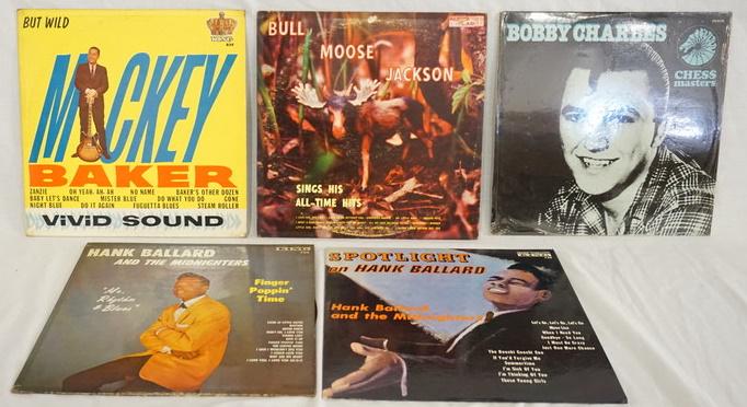 LOT OF 5 R & B ALBUMS: LOT OF FIVE R & B ALBUMS; MICKEY BAKER BUT WILD, BOBBY CHARLES, BULL MOOSE JACKSON SINGS ALL TIME HITS, SPOTLIGHT ON HANK BALLARD & FINGER POPPIN' TIME