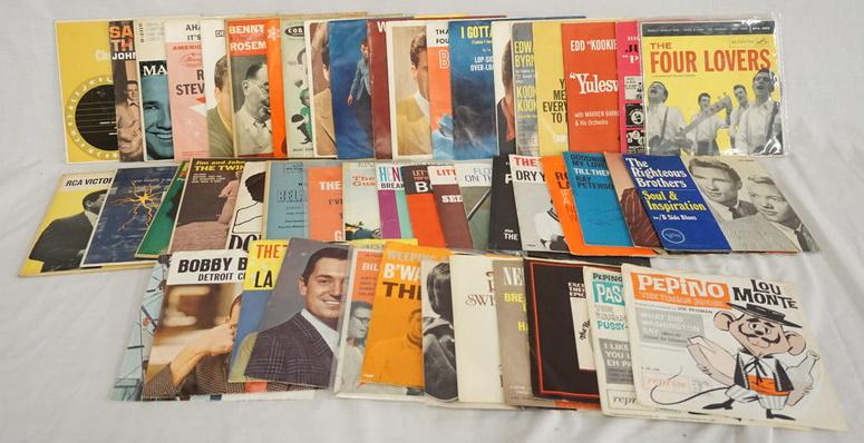 LOT OF 50 45S & EPS W/ PICTURE SLEEVES: LOT OF 50 45S/EPS WITH PICTURE SLEEVES INCLUDING; BILL HALEY & HIS COMETS, CHET ATKINS, JULIUS LA ROSA, THE FOUR LOVERS, PETER GUNN, PATRICIA PEREZ PRADO, THE GREAT NEW GUS BIVONA BAND, HARRY BELAFONT
