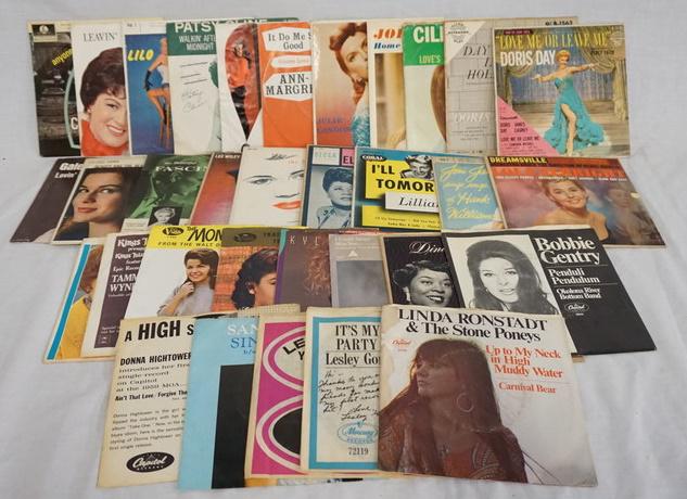 LOT OF 32 FEMALE VOCALISTS 45S/EPS: LOT OF 32 FEMALE VOCALISTS 45S/EPS IN PICTURE SLEEVES, INCLUDING; SANDY POSEY, DONNA HIGHTOWER, LESLEY GORE, TAMMY WYNETTE, ANNETTE, KYLIE MINOGUE, LINDA RONDSTATD, CONNIE FRANCIS, GALE GARNETT, ANN M
