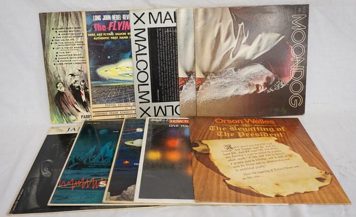 LOT OF 10 MISC. ALBUMS: LOT OF TEN MISC. ALBUMS; THE FLYING SAUCER STORY, MONSTER MASH, MALCOM X TALKS TO YOUNG PEOPLE, MOONDOG (TWO COPIES) ORSON WELLS THE BEGATTING OF THE PRESIDENT, HOW TO GIVE YOURSELF A STEREO CHECKOUT 