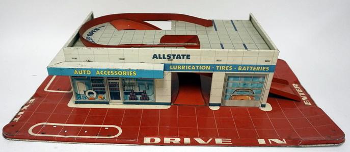 SEARS ALLSTATE TIN GAS STATION: SEARS ALLSTATE TIN GAS STATION TOY GARAGE, NOT COMPLETE