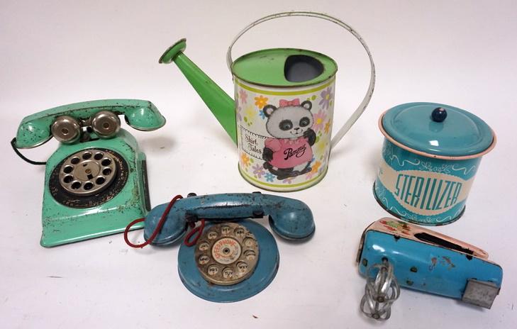 CHILDS TIN TOY 5 PIECE LOT, TINE TELEPHONE, WATER CAN, (1 of 2)