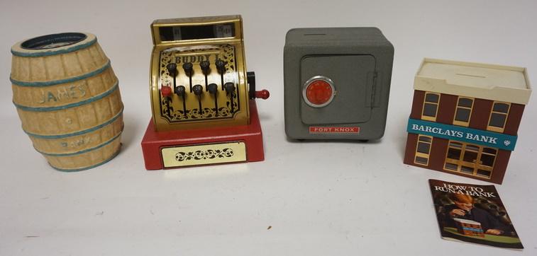 4 PIECE LOT, BUDDY L CASH REGISTER, FORT KNOX BANK,: 4 PIECE LOT, BUDDY L CASH REGISTER, FORT KNOX BANK, ATLANTIC CITY SALTWATER TAFFY BANK AND BARCAYS BANK