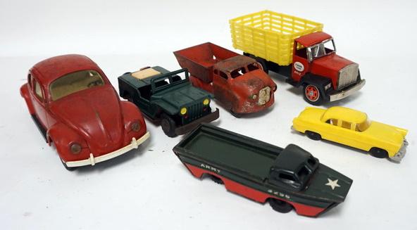 LOT OF 6 TOY CARS, TRUCKS AND TONKA VW BUG: LOT OF 6 TOY CARS, TRUCKS AND TONKA VW BUG
