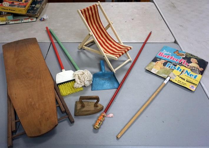 CHILDS IRONING BOARD WITH IRON, BROOM AND PAN, (1 of 1)