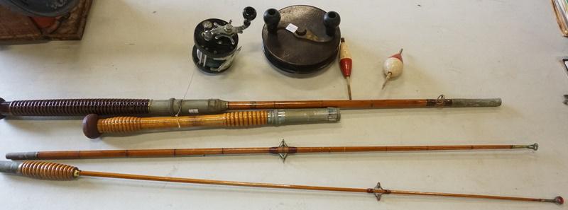 FISHING LOT: FISHING LOT WITH POLE PARTS, HANDLE, 2 BOBBERS AND 2 REELS