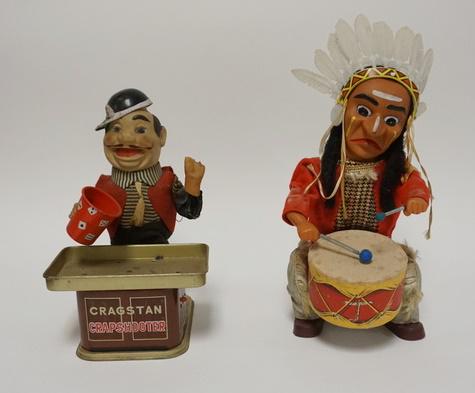 2 BATTERY OPERATED TOYS CRAGSTON CRAPSHOOTER & INDIAN: 2 BATTERY OPERATED TOYS CRAGSTON CRAPSHOOTER & INDIAN DRUMMER, DICE MISSING & BROKEN FINGERS ON CRAGSTON, TALLEST IS 12 IN