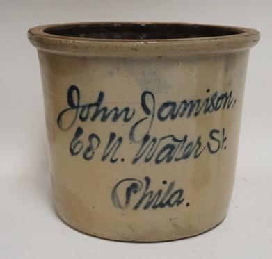 1 1/2 GAL PHILADELPHIA SCRIPT CROCK: 1 1/2 GAL PHILADELPHIA SCRIPT CROCK, JOHN JAMISON, 68 N WATER ST, PHILA, 8 1/4 IN HIGH, 9 3/4 IN DIAMETER