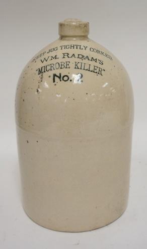STONEWARE JUG RADAMS MICROBE KILLER: STONEWARE JUG RADAMS MICROBE KILLER, 11 1/4 IN HIGH