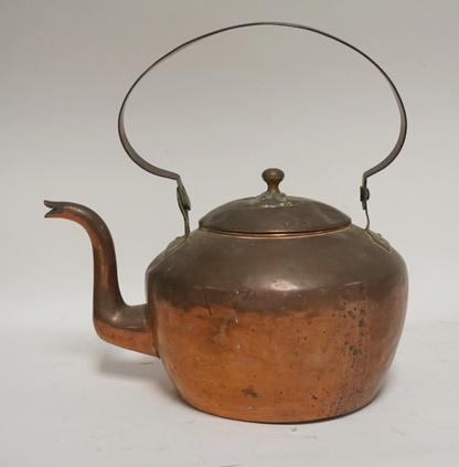 ANTIQUE DOVETAILED GOOSE NECK COPPER KETTLE SIGNED I: ANTIQUE DOVETAILED GOOSE NECK COPPER KETTLE SIGNED I BABB, HAS AN OLD REPAIR ON THE LID, SIGNED ON TOP OF HANDLE, 11 1/2 IN TO TOP OF HANDLE