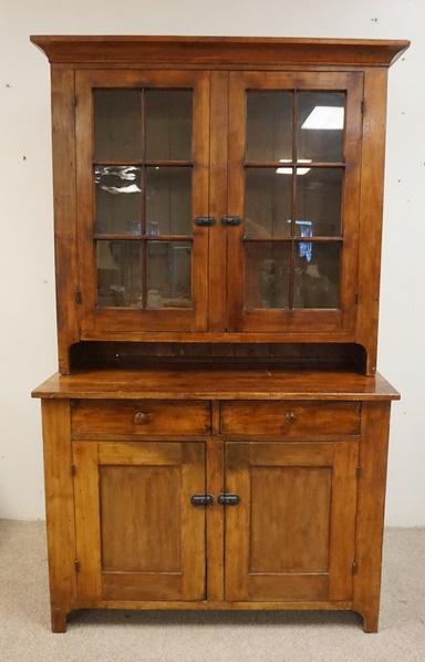 2 PIECE STEP BACK COUNTRY CUPBOARD: 2 PIECE STEP BACK COUNTRY CUPBOARD, TWO 6 PANED DOORS TOP, ONE DRAWER & 2 BLIND DOORS BOTTOM, 48 1/2 IN WIDE, TOP MEASURES 46 1/4 IN WIDE (APPROXIMATELY 49 AT THE CREST) X 11 3/4 IN DEEP X 46 1/2 IN H