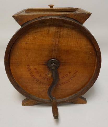 ANTIQUE BUTTER CHURN NO 3 IMPRINTED W/COW DECORATION: ANTIQUE BUTTER CHURN NO 3 IMPRINTED W/COW DECORATION, BURLINGAME & DARBY, 19 IN HIGH