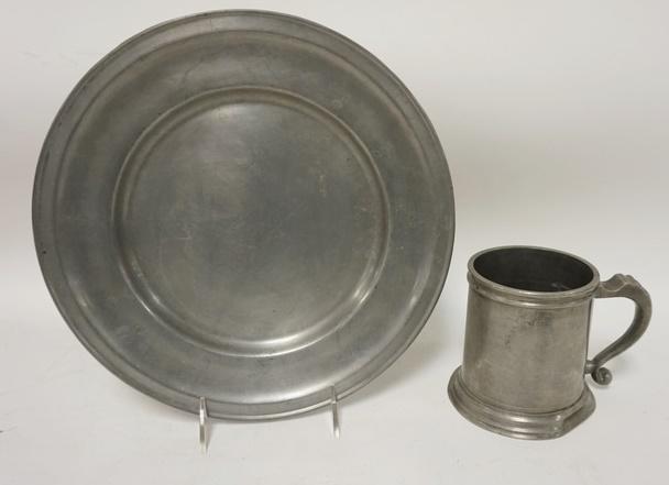 PEWTER MUG & SIGNED PEWTER PLATE: PEWTER MUG & SIGNED PEWTER PLATE, PLATE IS 11 1/4 IN