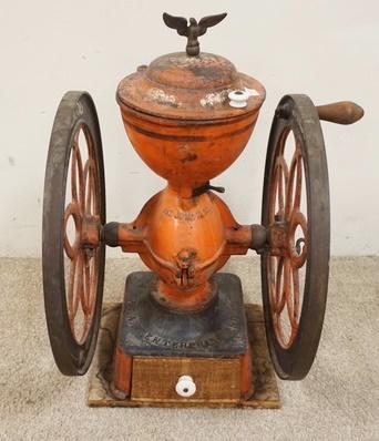 ENTERPRISE 2 WHEEL COFFEE GRINDER: ENTERPRISE 2 WHEEL COFFEE GRINDER, EAGLE FINIAL, WHEELS DON'T TURN, 24 1/2 IN HIGH