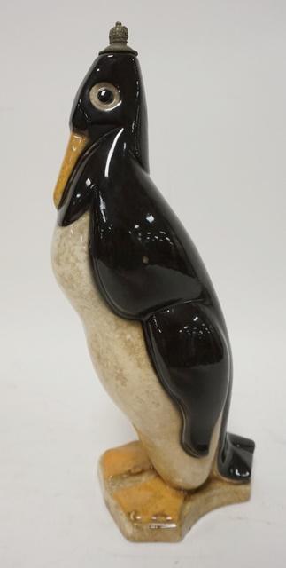 UNUSUAL PENGUIN BOTTLE: UNUSUAL PENGUIN BOTTLE, HAS MAKERS MARK & #735, HAS SOME STAINING, METAL TOP HAS ACORN, 12 1/4 IN HIGH
