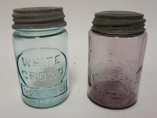2 CANNING JARS ATLAS MASON & WHITE CROWN: 2 CANNING JARS ATLAS MASON & WHITE CROWN, TALLEST IS 5 1/2 IN