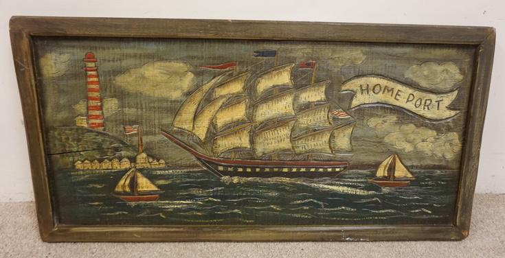 CARVED WOODEN PLAQUE * HOME PORT*: CARVED WOODEN PLAQUE * HOME PORT*, FEATURES SAILING SHIP, LIGHTHOUSE, & AMERICAN FLAG, 20 IN X 40 3/4 IN X 1 7/8 IN THICK