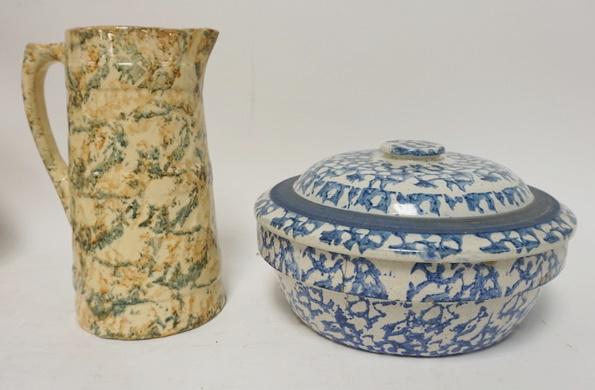 2 PIECE SPATTERWARE: 2 PIECE SPATTERWARE, BLUE COVERED BOWL-CHIP ON THE KNOB, & YELLOWARE PITCHER, 9 1/2 IN HIGH