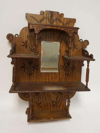 SPOON CARVED HANGING ETEGERE W/BEVELED MIRROR: SPOON CARVED HANGING ETEGERE W/BEVELED MIRROR, APPROXIMATELY 20 IN X 26 IN