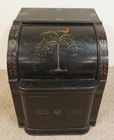 STENCIL DECORATED COUNTRY STORE BIN: STENCIL DECORATED COUNTRY STORE BIN, 17 IN X 18 IN X 22 IN HIGH