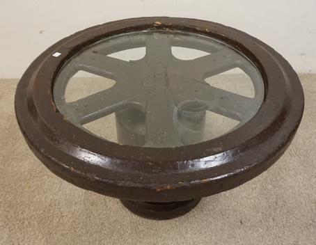 WOOD PATTERN MAKERS WHEEL TABLE: WOOD PATTERN MAKERS WHEEL TABLE W/GLASS TOP INSERT, 30 1/2 IN WIDE X 19 1/2 IN HIGH