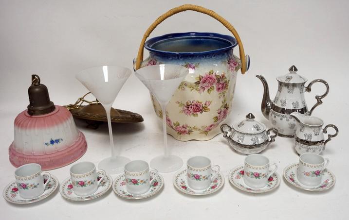 LOT OF STERLING CHINA, POTTERY, AND LIGHT FIXTURE: LOT OF STERLING CHINA, POTTERY, AND LIGHT FIXTURE. SLOP JAR HAS CHIP ON HANDLE, STERLING CHINA TEA SET WITH A CHIP ON FITTER RIM, 2 BELVEDERE VODKA STEMS AND 6 DEMITASSE CUPS AND SAUCERS