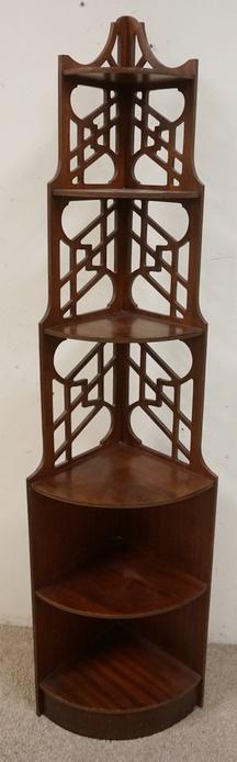 MAHOGANY CORNER SHELF W/FRETWORK SIDES: MAHOGANY CORNER SHELF W/FRETWORK SIDES, 60 IN HIGH