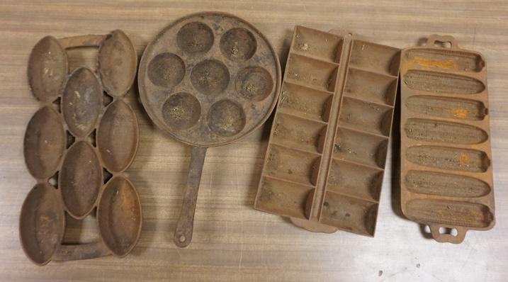 LOT OF 4 DIFFERENT CAST IRON PANS: LOT OF 4 DIFFERENT CAST IRON PANS