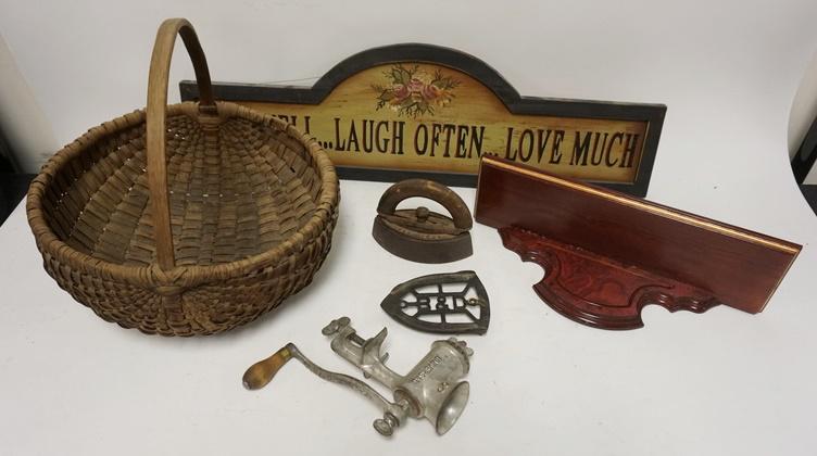 LOT OF COUNTRY TYPE ITEMS: LOT OF COUNTRY TYPE ITEMS, SPLINT BASKET (AS IS), MEAT GRINDER, IRON & TRIVET, SHELF & SIGN