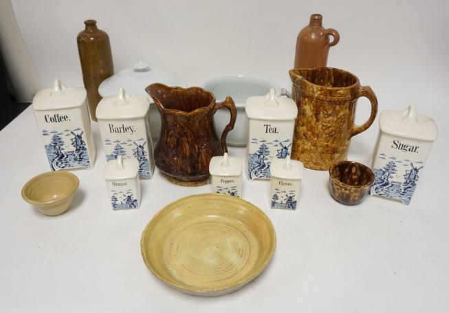 STONEWARE & POTTERY LOT: STONEWARE & POTTERY LOT, INCLUDES YELLOWARE, GERMAN DELFT CANNISTERS, CHAMBER POTS, 2 ANTIQUE PITCHERS W/CHIPS