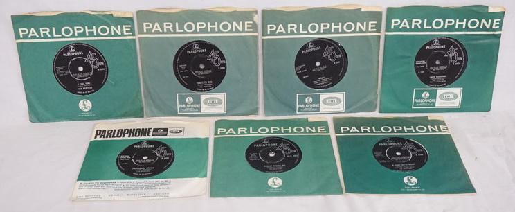 LOT OF 7 THE BEATLES 45S: LOT OF SEVEN BRITISH THE BEATLES 45S ON PARLOPHONE IN ORIGINAL SLEEVES