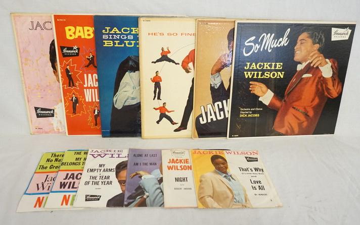 LOT OF 6 JACKIE WILSON ALBUMS & 6 45S: LOT OF SIX JACKIE WILSON ALBUMS & SIX 45S WITH PICTURE SLEEVES. THE ALBUMS ARE; JACKIE SINGS THE BLUES, A WOMAN A LOVER A FRIEND, BABY WORKOUT, SO MUCH, HE'S SO FINE, & LONELY TEAR DROPS