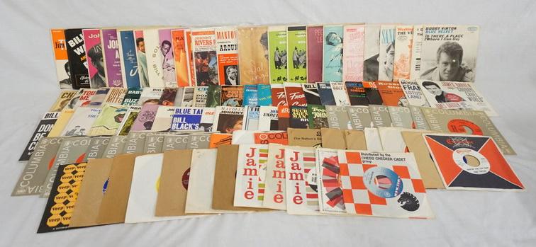 LOT OF APP. 100 45S/EPS: LOT OF APP. 100 45S/EPS MANY WITH PICTURE SLEEVES INCLUDING; THE TWINS, THE NUTMEGS, JOHNNY ACE, JOHNNY OTIS, BILLY WARD & HIS DOMINOS, JACKIE GLEASON, HOSPITALITY BLUES, SAL MINEO, AL BELLETTO, PEGGY