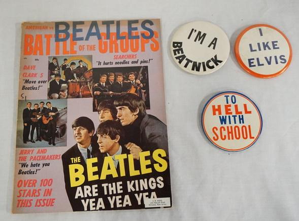 LOT; VINTAGE MAGAZINE & 3 PINS (1 of 1)