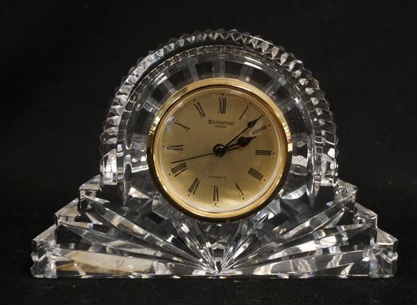 SIGNED WATERFORD CRYSTAL CLOCK: SIGNED WATERFORD CRYSTAL CLOCK 7 1/4 IN W 5 IN H
